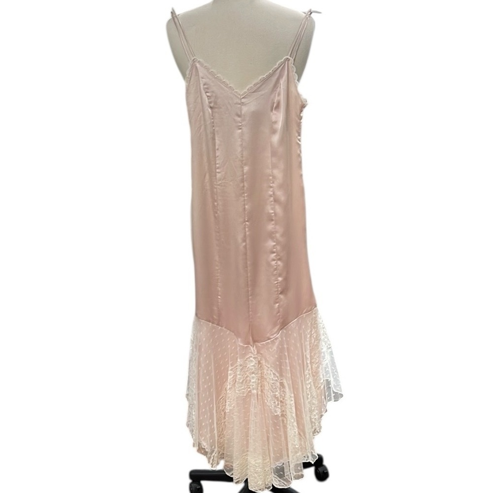 Vintage Lorrie Kabala Lace Trimmed Hem Satin Slip Midi Dress SZ XS Pale Pink